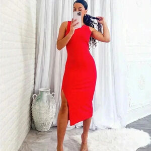 Red side slit midi dress